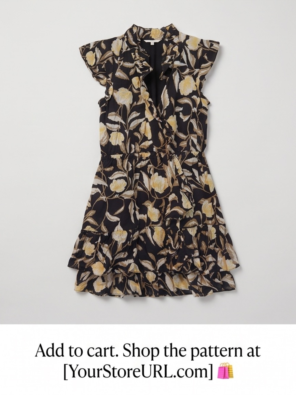 Universal Thread Black Floral Ruffle Mini Dress with Yellow & Cream Blooms